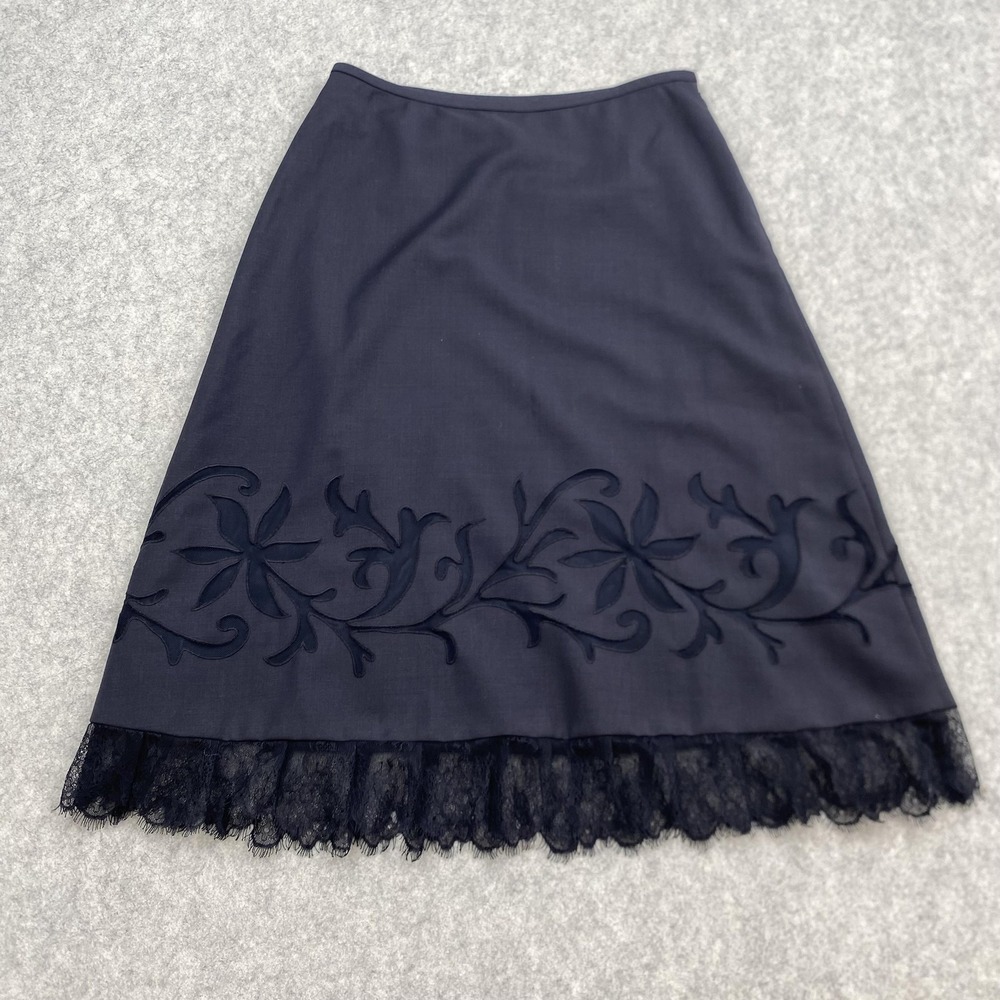 LOFT Skirt Womens 4P 27" Navy Floral Embroidered Lace Hem Wool Blend Midi Lined
